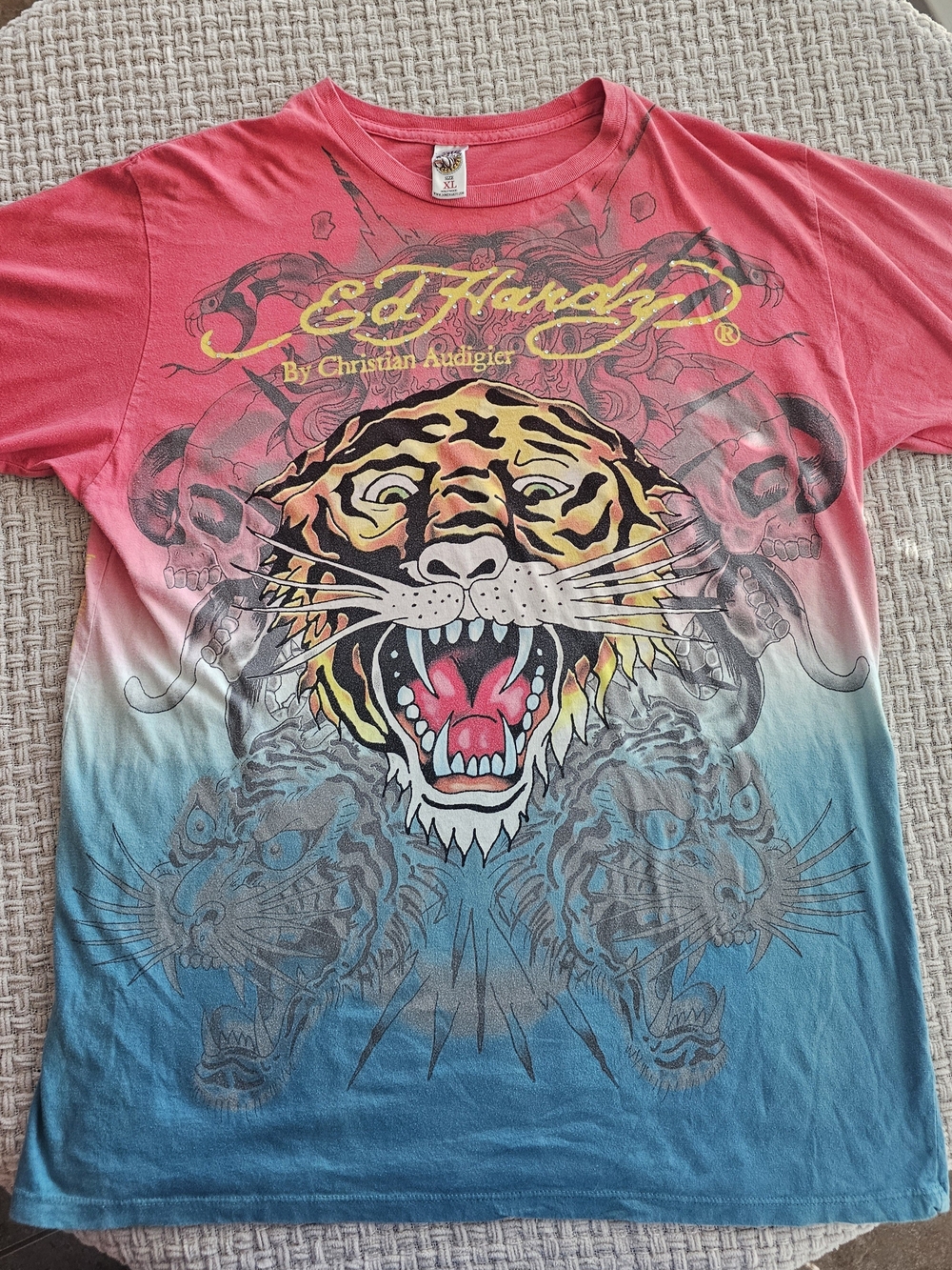 Vintage Ed Hardy Tiger Ombré T-Shirt Men’s XL RHINESTONES INTACT Christian Audig